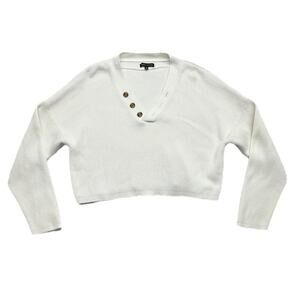 Kendall Kylie Sweater M White Ribbed Cotton Cropped Pullover V-Neck